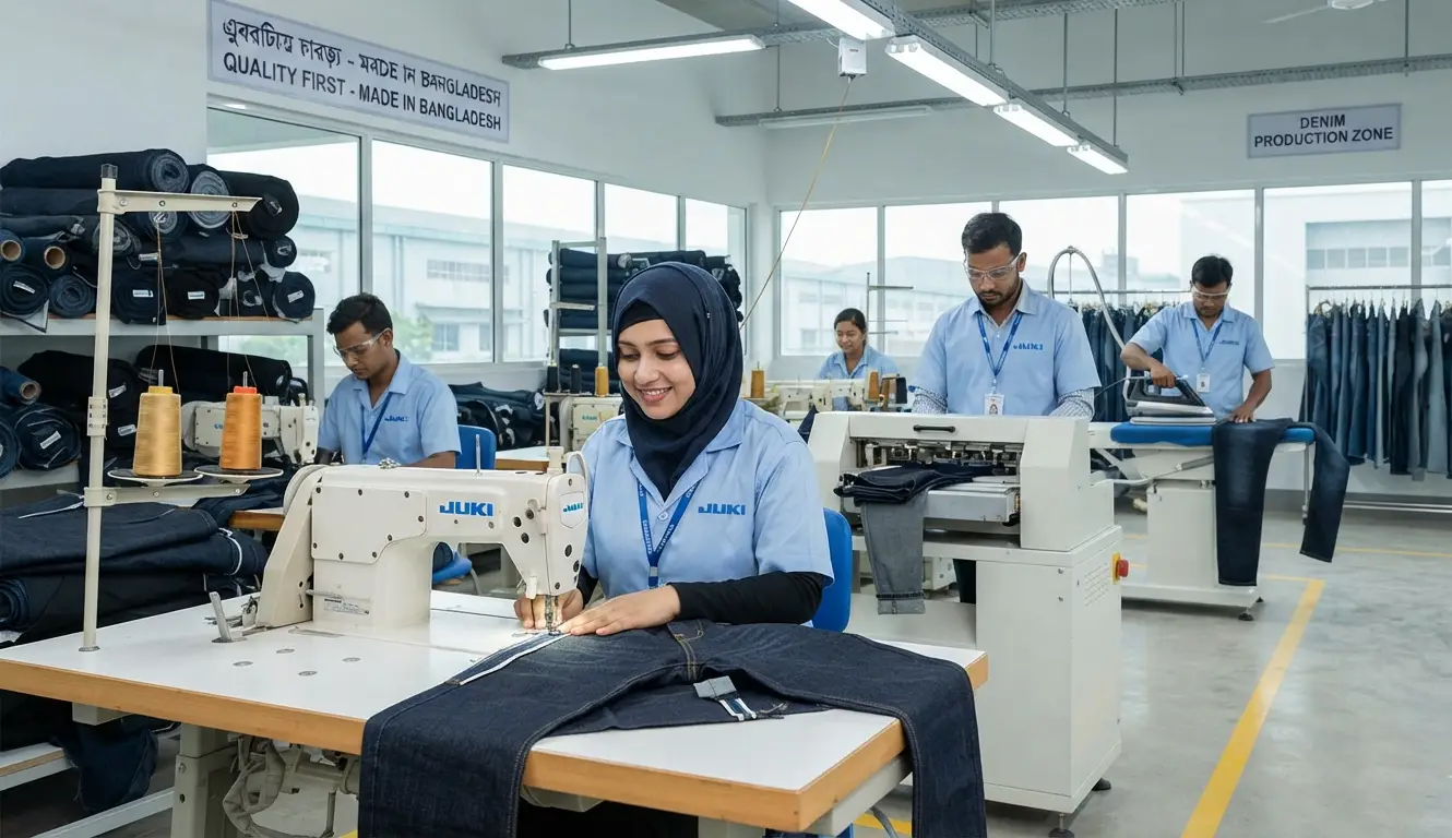 Denim & Jeans Manufacturing in Bangladesh. Clean background, professional.