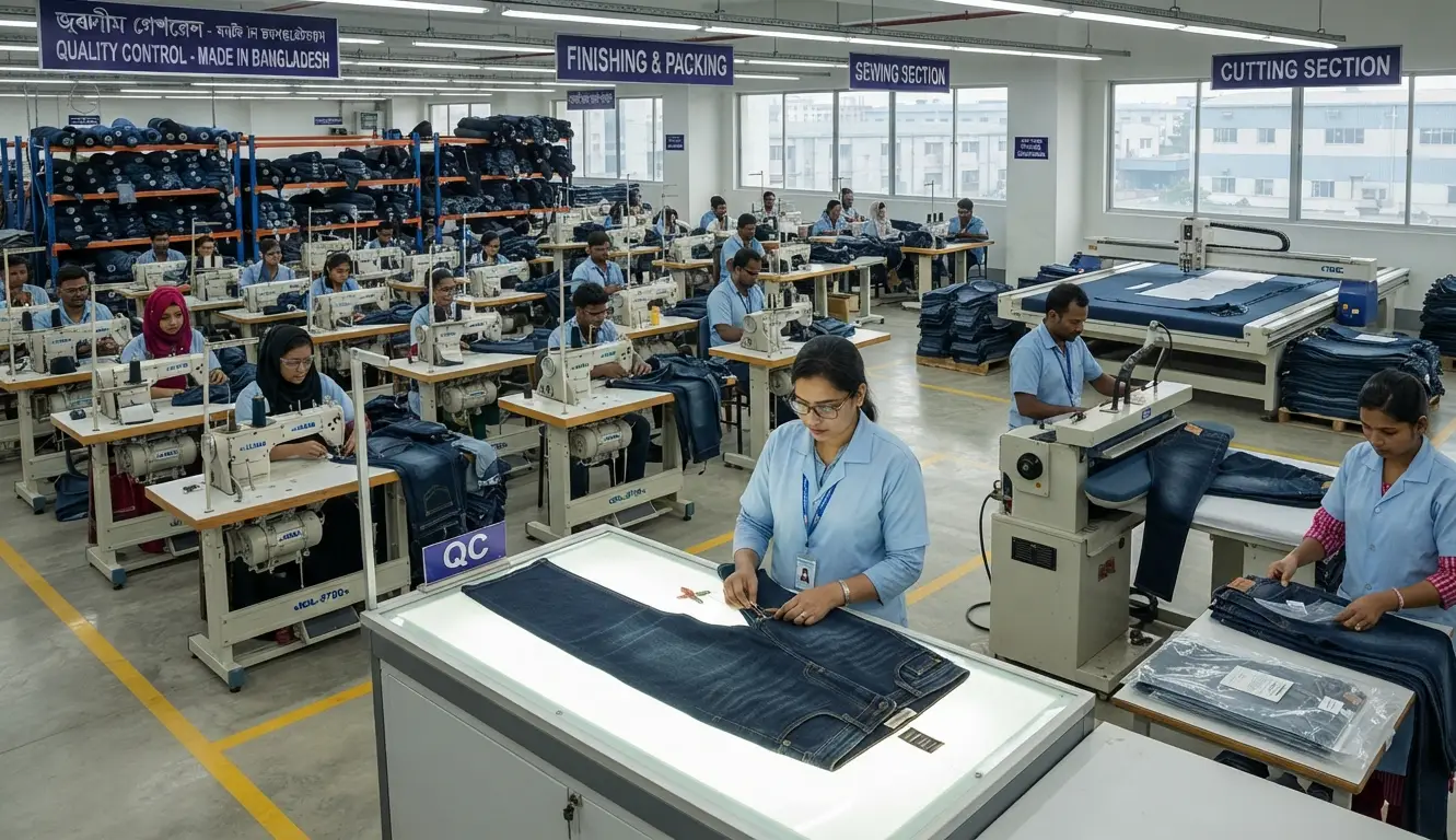 Factory production image for denim & jeans manufacturing in bangladesh — showing section of sewing, cutting, finishing & QC