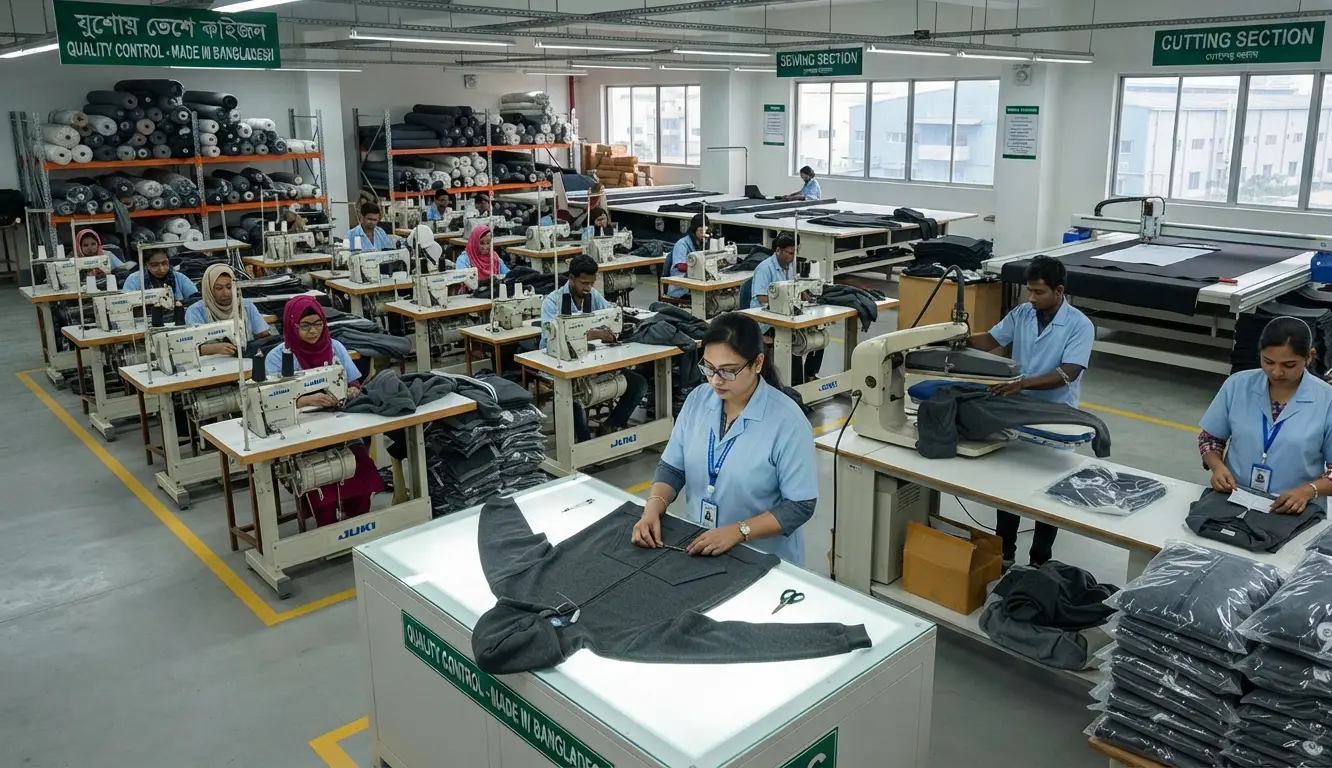Factory production image for hoodie & sweatshirt manufacturing in bangladesh — sections for sewing, cutting, finishing QC