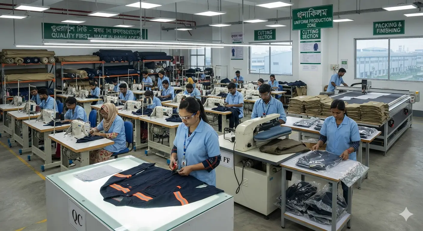 Factory production image for workwear & uniforms manufacturing in bangladesh — sewing, cutting, finishing, QC